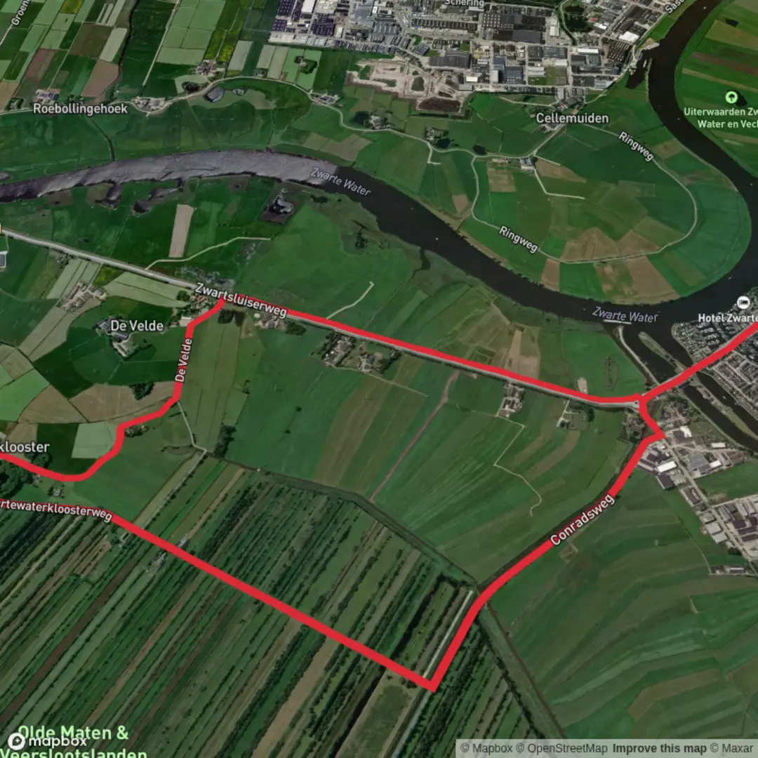 An image depicting the trail Kostverlorenstreng via Christoffelpad and Zwartewaterklooster Weg and its surrounding area.