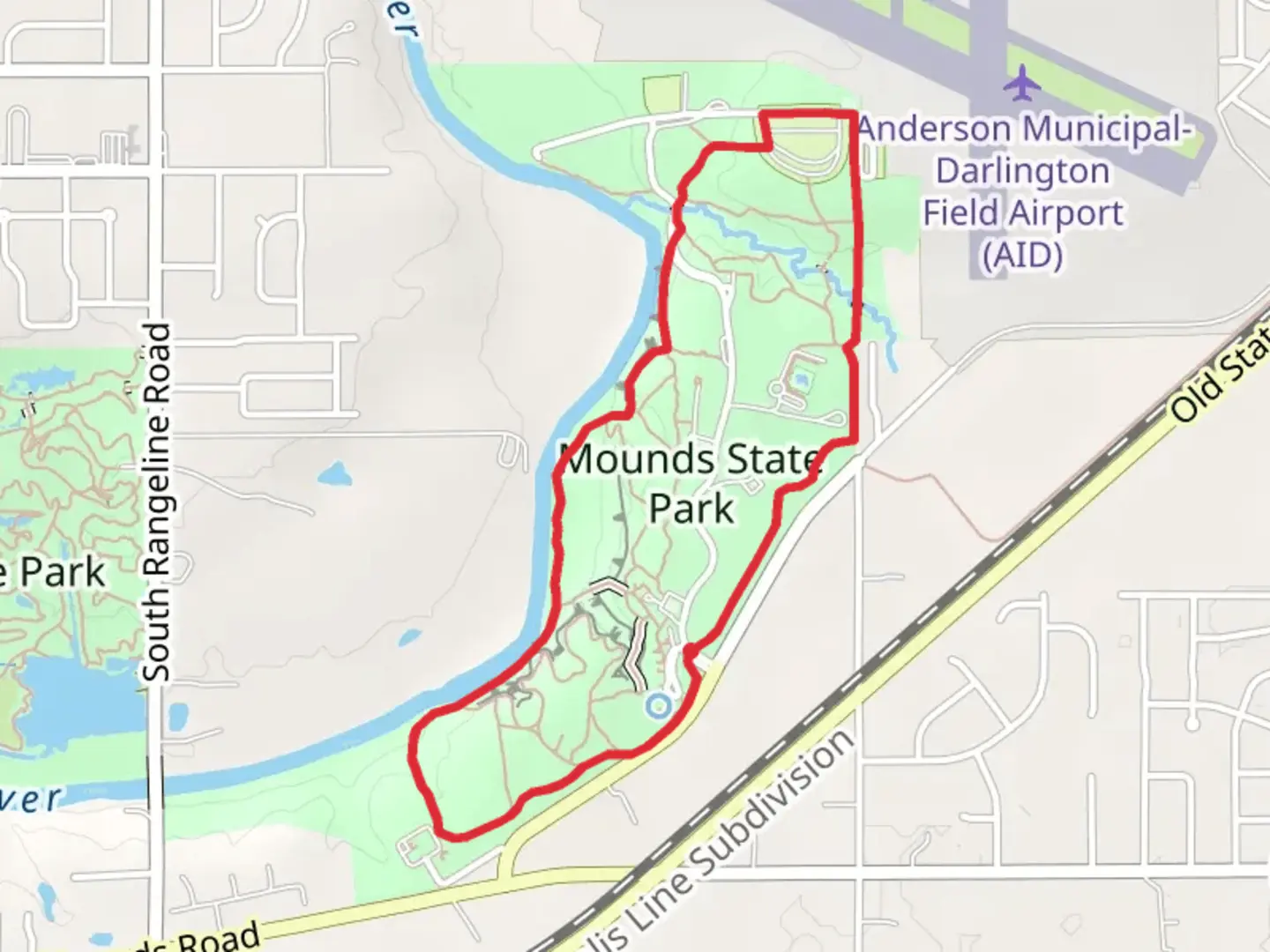 An image depicting the trail Mounds State Park Trail 5 Loop and its surrounding area.