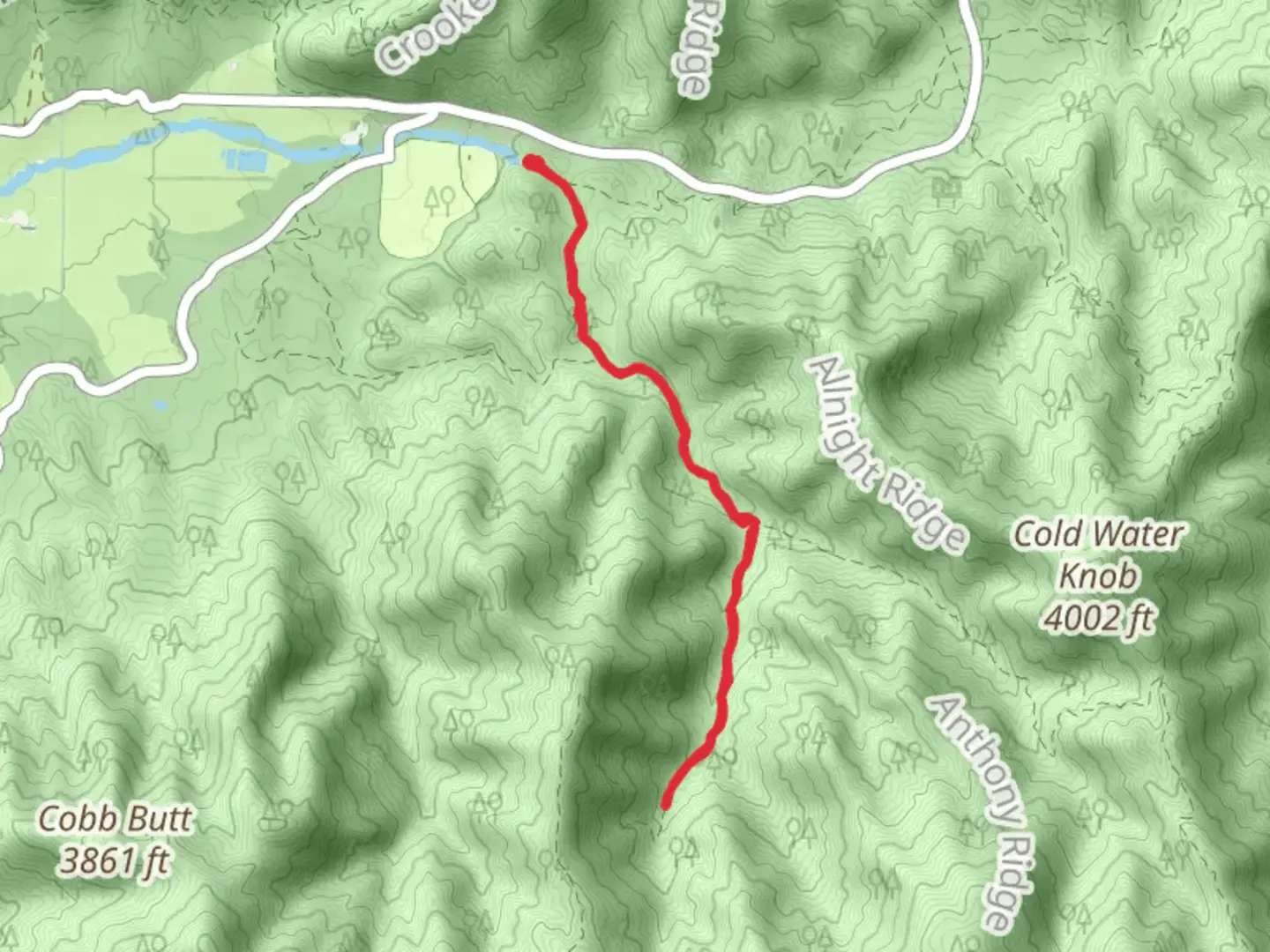 An image depicting the trail Russell Field via Anthony Creek Trail and its surrounding area.
