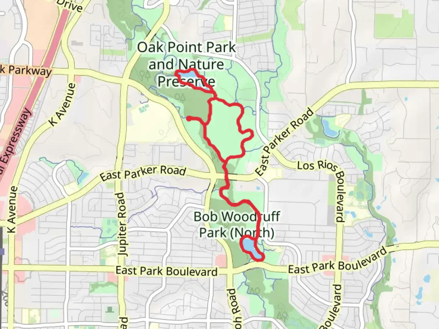 An image depicting the trail Oak Point Park and Nature Preserve and Bob Woodruff Park - North Loop and its surrounding area.