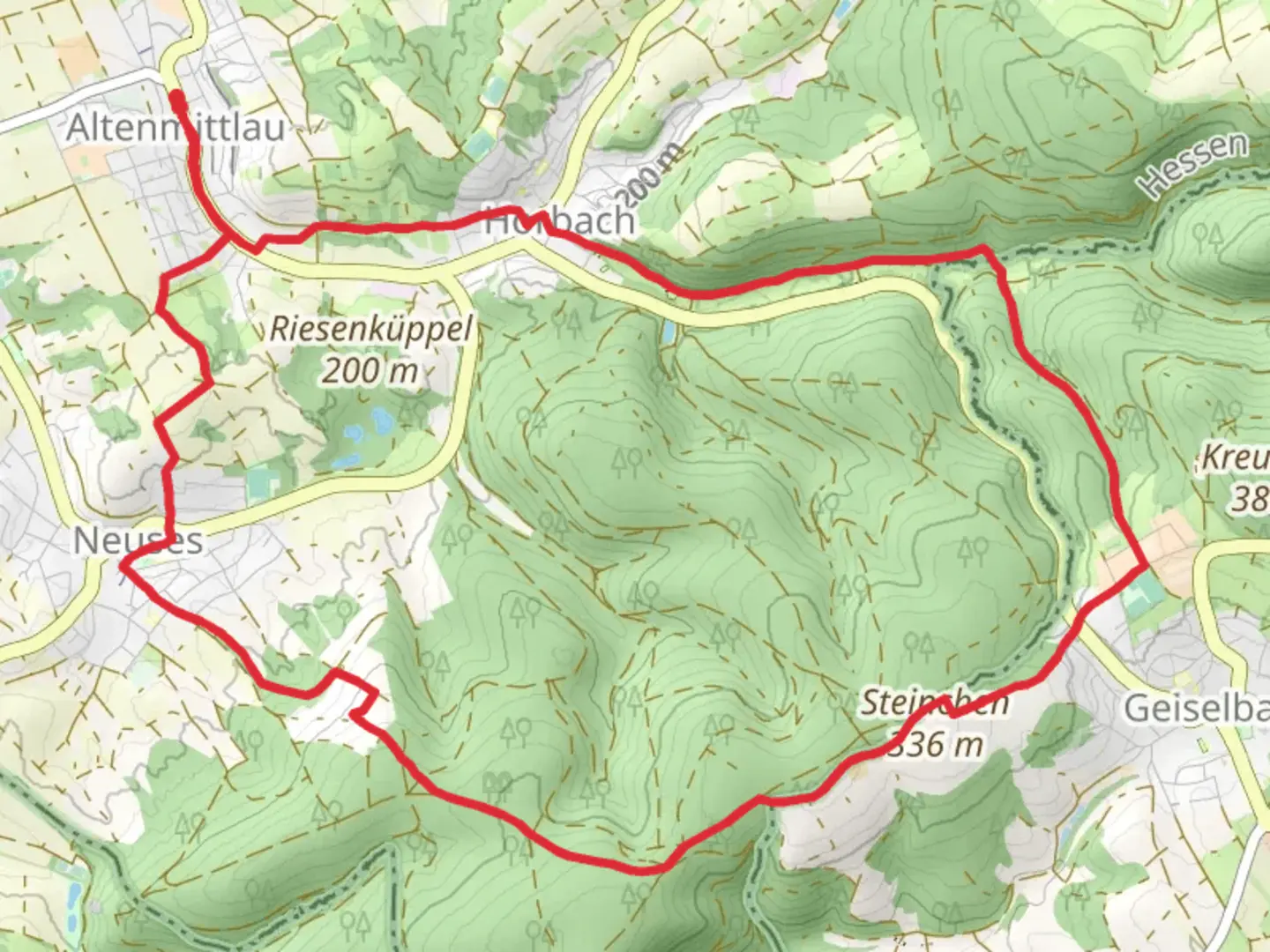 An image depicting the trail Birkenhainer Straße and Spessartbogen Hauptroute and its surrounding area.