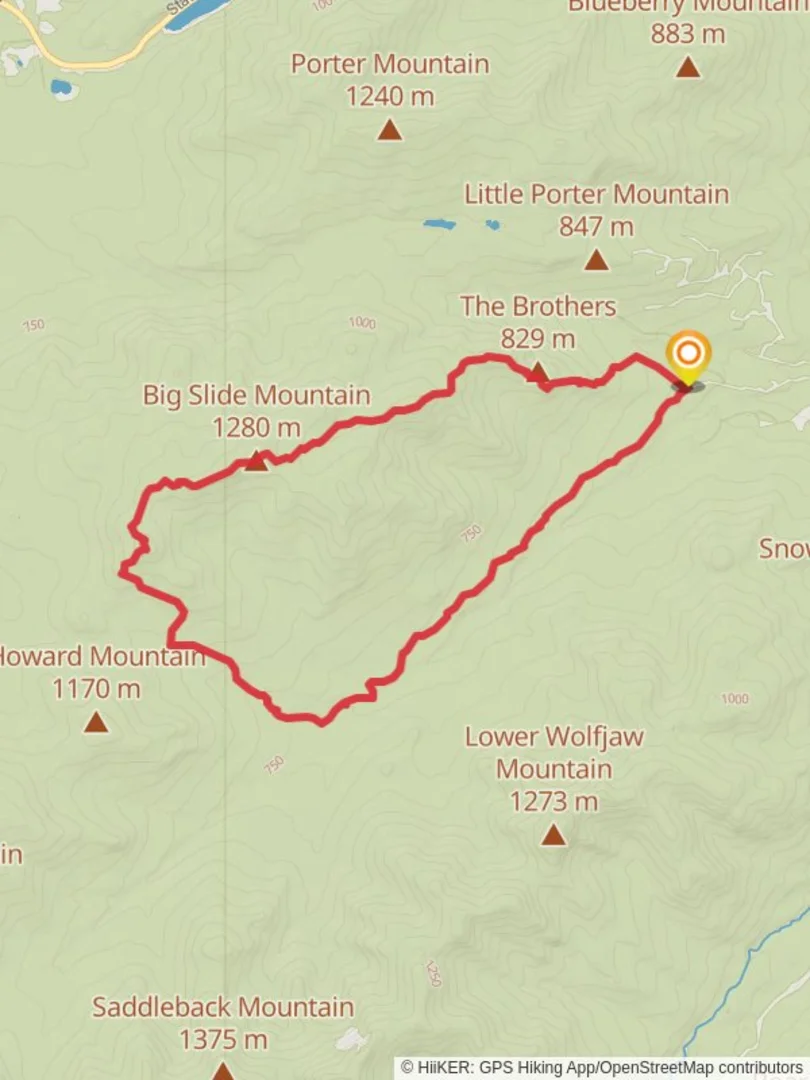 An image depicting the trail Big Slide Mountain and Yard Mountain Loop via The Brothers Trail and its surrounding area.