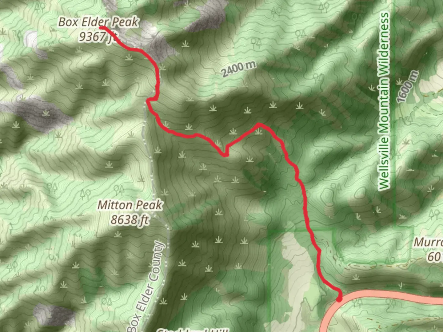 An image depicting the trail Box Elder Peak via Rattlesnake Canyon Trail and its surrounding area.