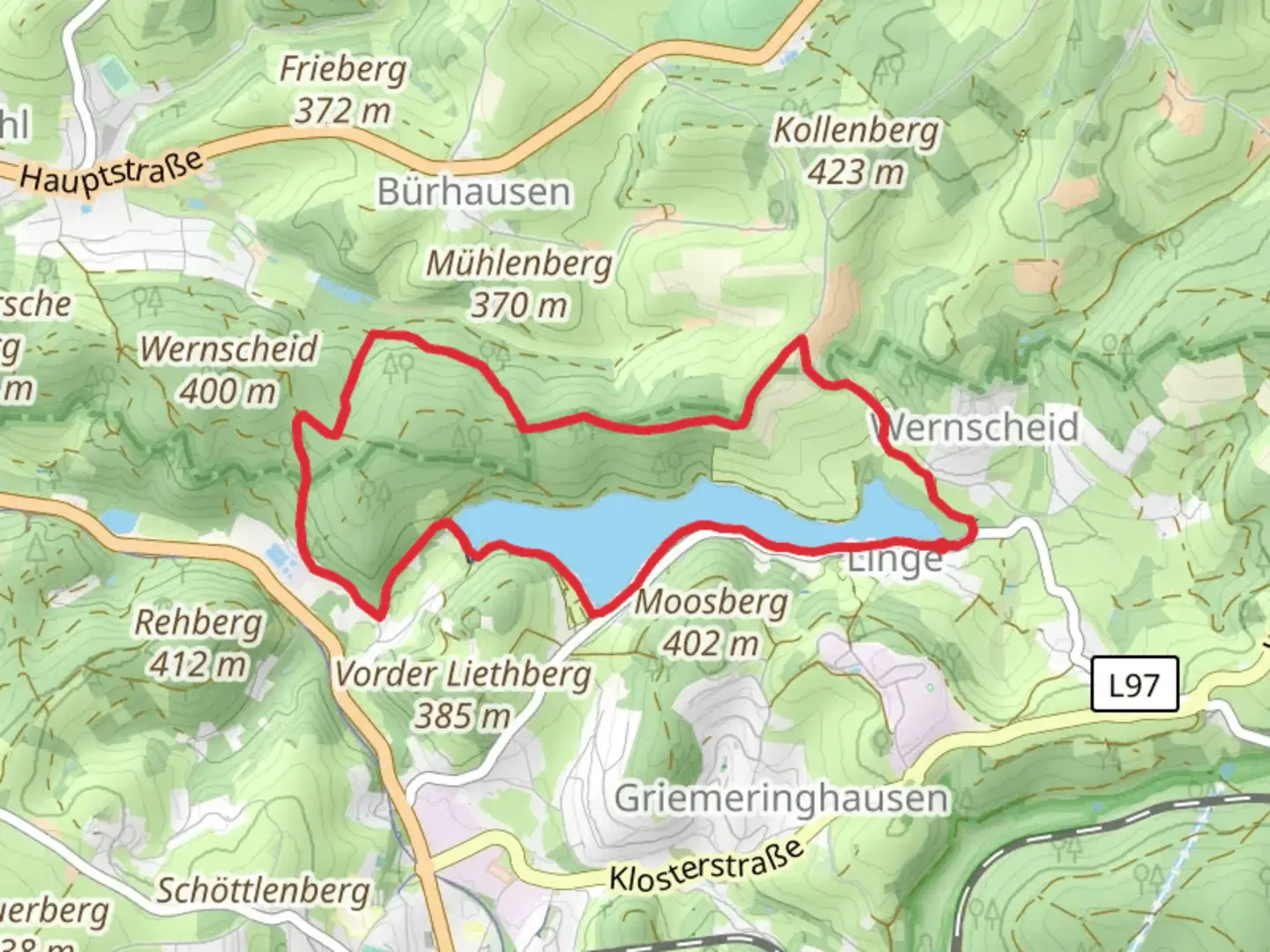 An image depicting the trail Lingesetalsperre and Lambach Loop and its surrounding area.