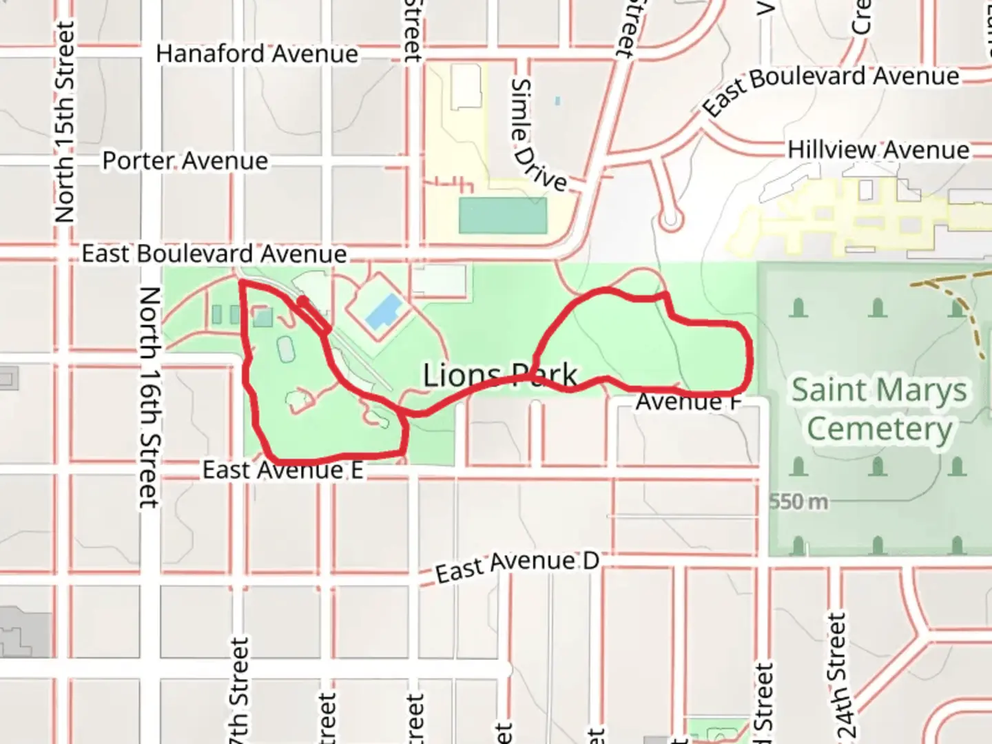An image depicting the trail Lions Park Loop and its surrounding area.