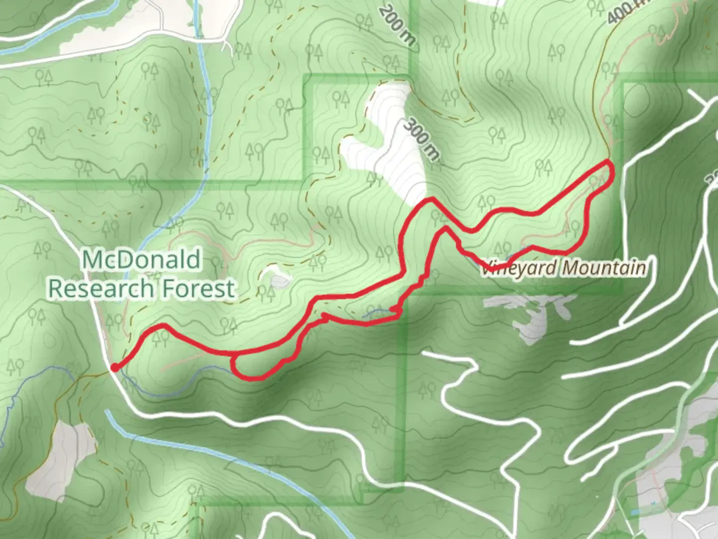 An image depicting the trail Nettleton Road 500 and Vineyard Mountain Loop Trail and its surrounding area.