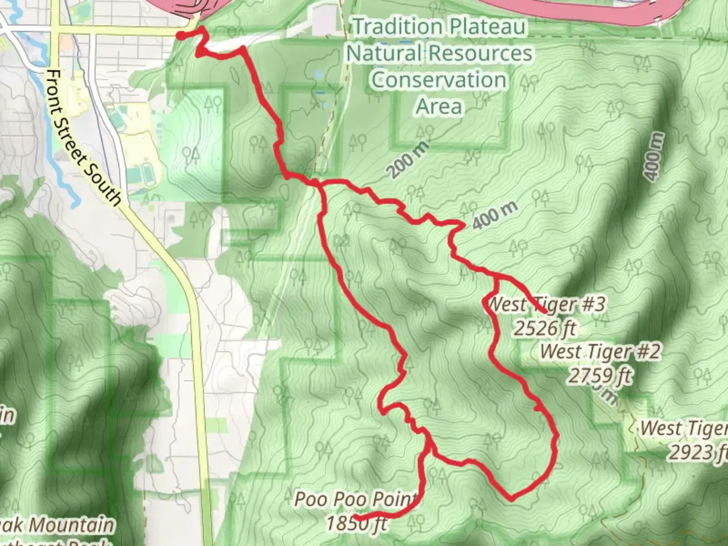 An image depicting the trail Adventure Trail, Poo Poo Point Trail and West Tiger RR Grade and its surrounding area.