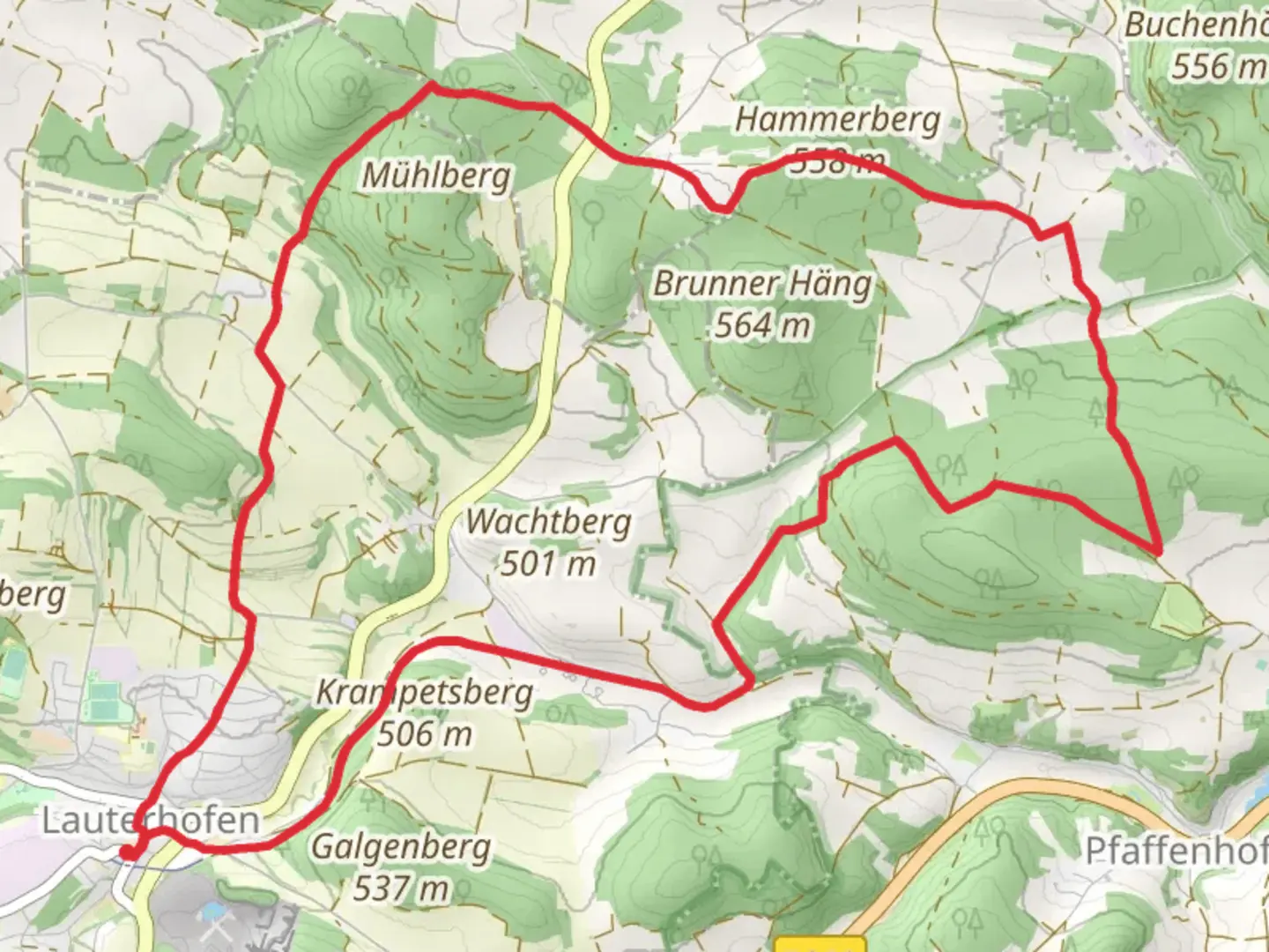 An image depicting the trail Rundweg Lauterhofen and its surrounding area.
