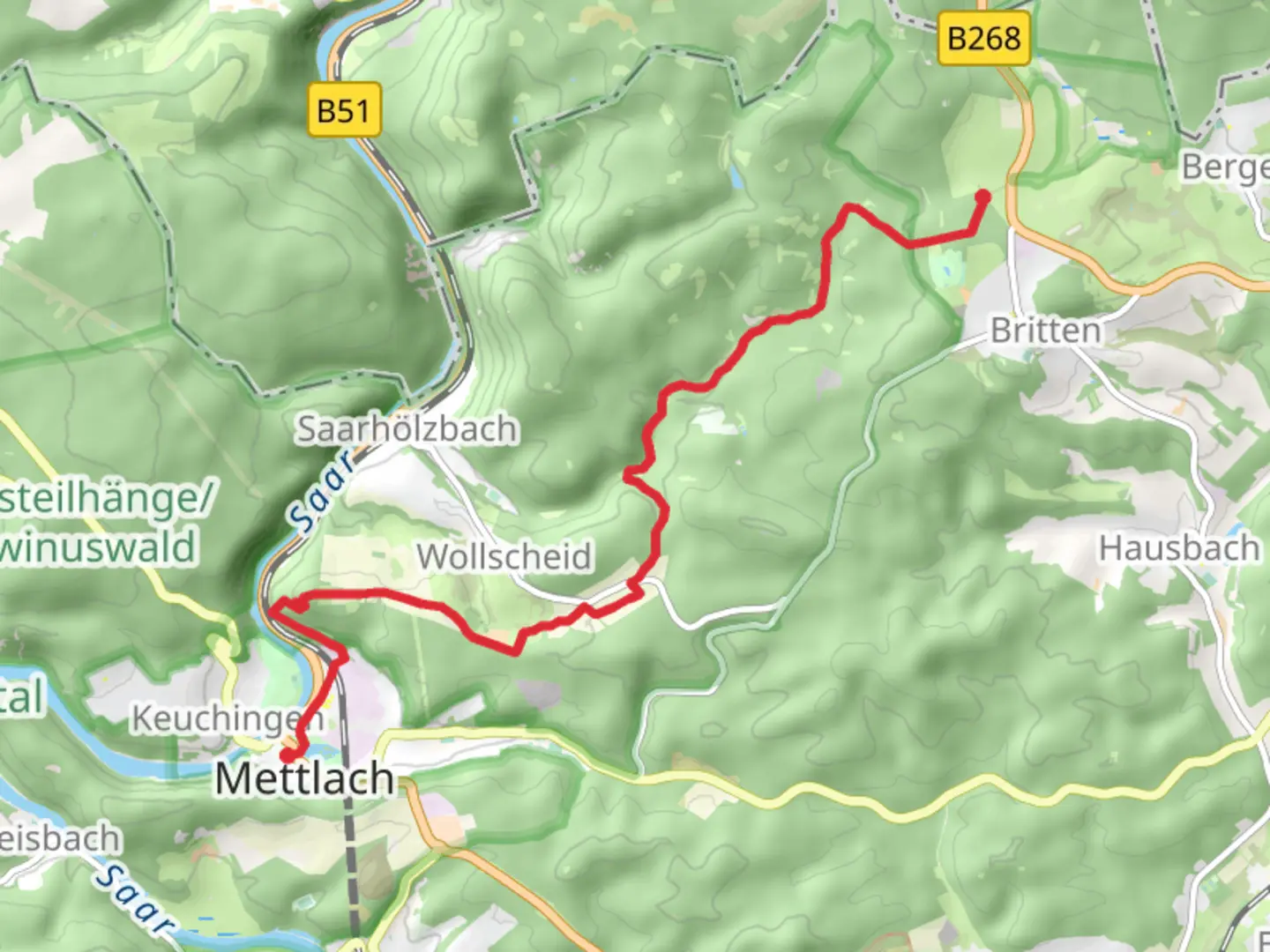 An image depicting the trail Mettlach to Bergen via Herrgottstein and Saar-Hunsrueck Steig and its surrounding area.