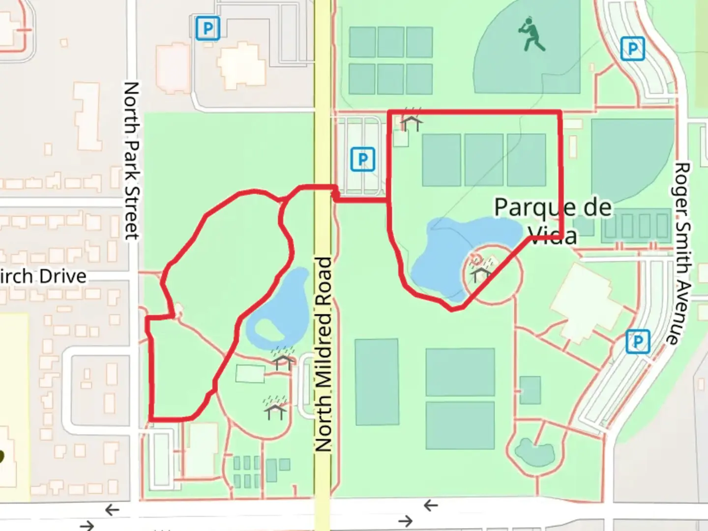 An image depicting the trail Centennial Park and Parque de Vida Loop and its surrounding area.