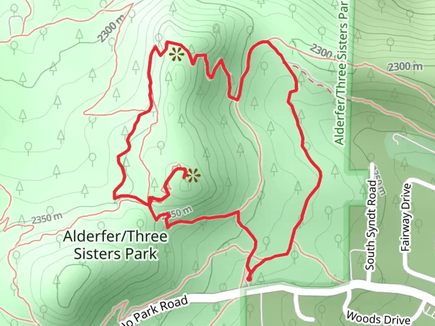 An image depicting the trail Hidden Fawn - Sisters - Brothers - Ponderosa Loop Trail and its surrounding area.