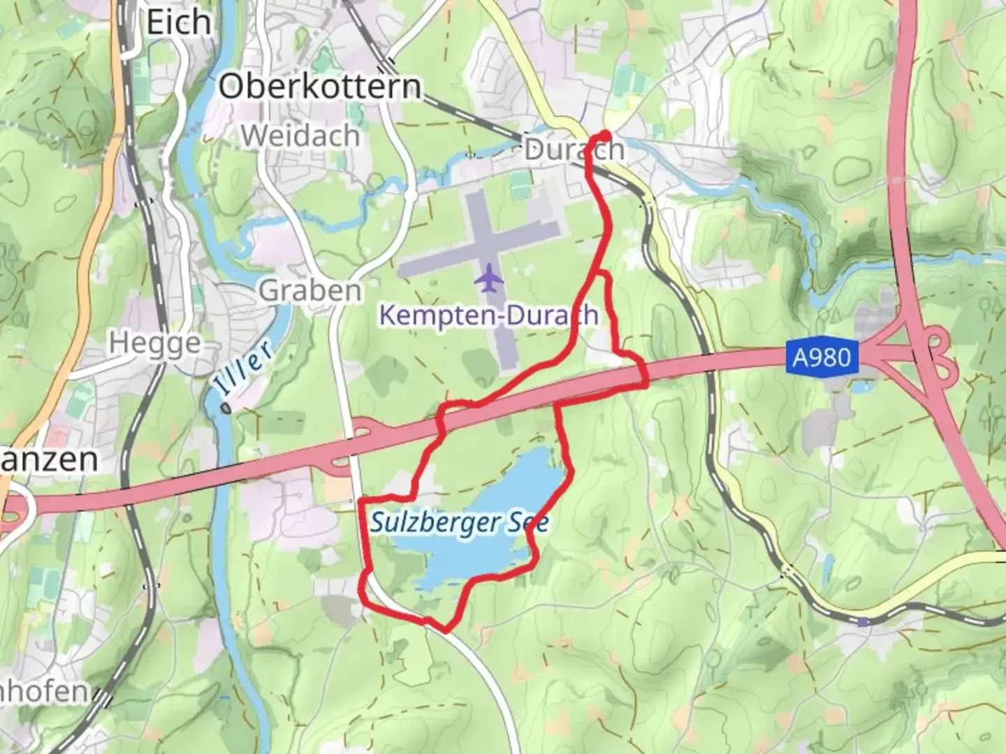 An image depicting the trail Sulzberger See via Runde and its surrounding area.