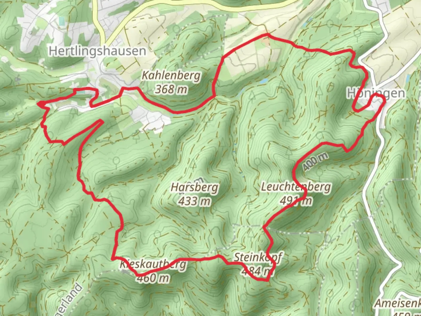 An image depicting the trail Honinger Loop via Kieskautberg and its surrounding area.