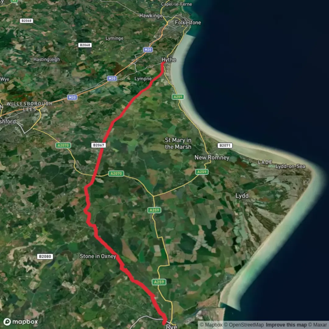 An image depicting the trail Rye to Hythe and its surrounding area.