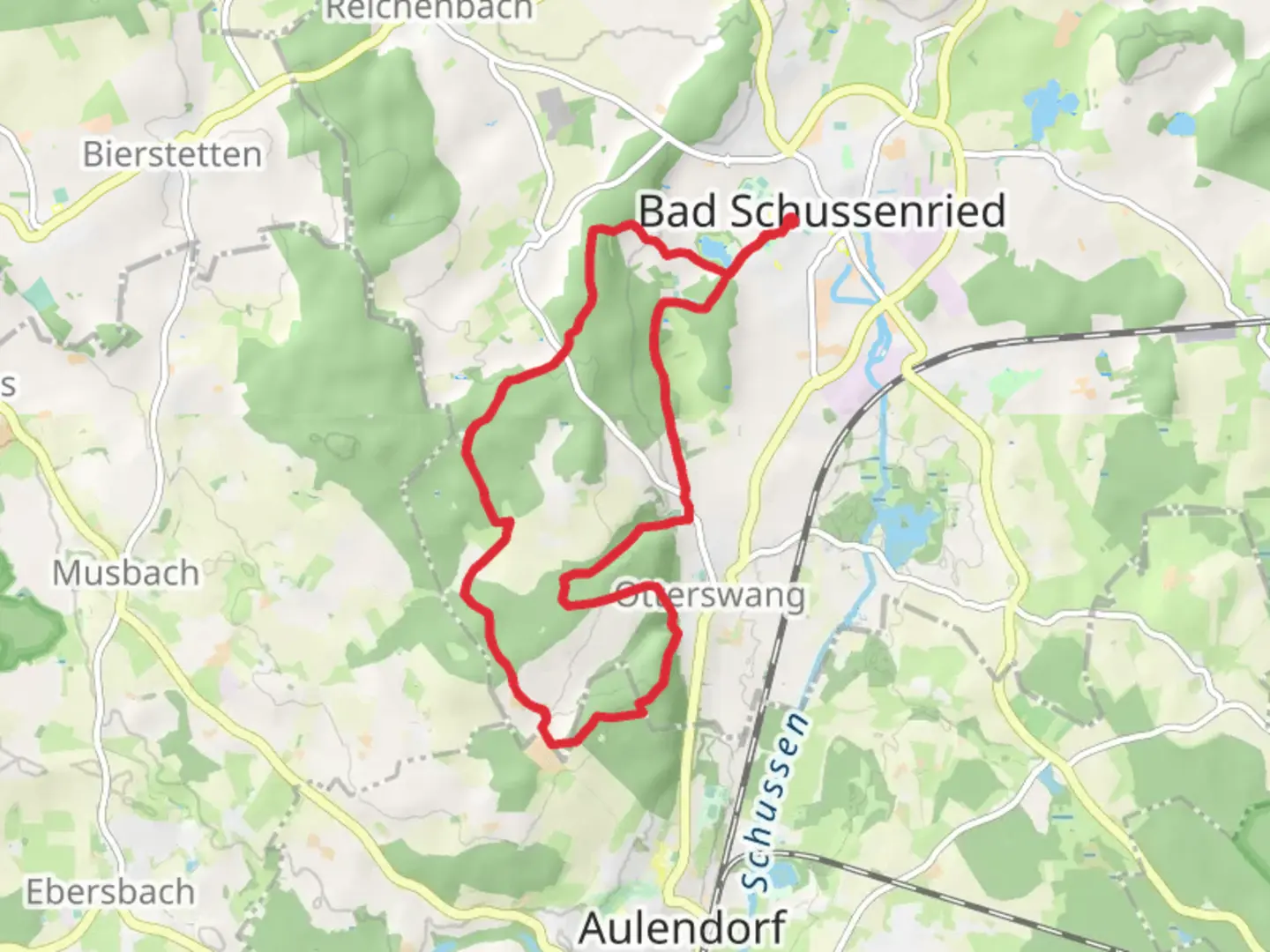 An image depicting the trail Bad Schussenried and Atzenberg Loop via Zeller See and its surrounding area.