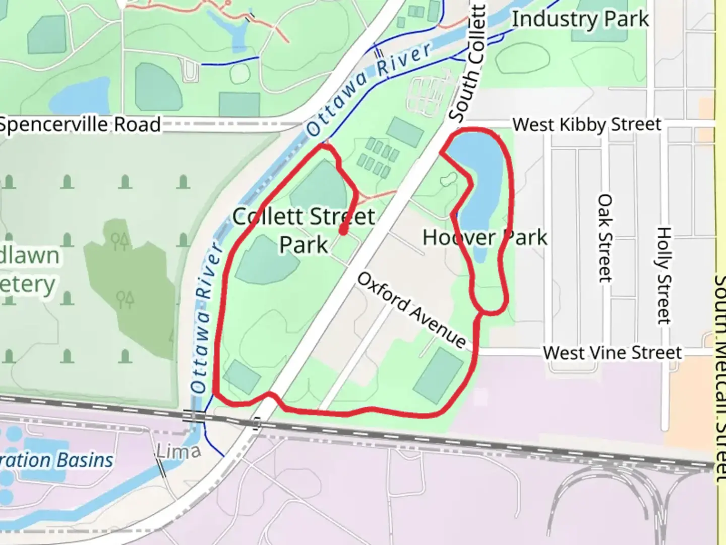 An image depicting the trail Hoover Park Loop via Rotary Riverwalk and its surrounding area.