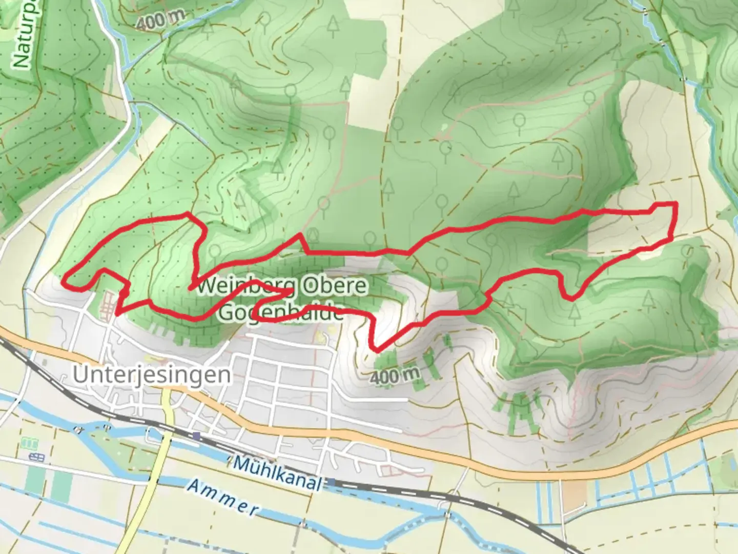 An image depicting the trail Bayler Kap and Muerle via Unterjesinger Wengertwegle and its surrounding area.