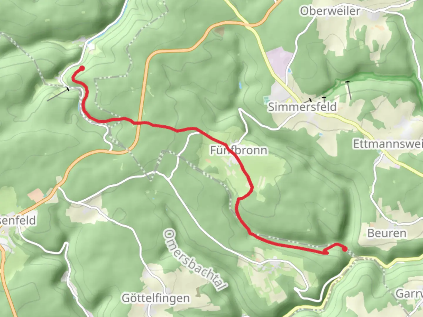 An image depicting the trail Hochdorfer Saegmuehle to Poppeltal via Fuenfbronn - Winterhalde and its surrounding area.