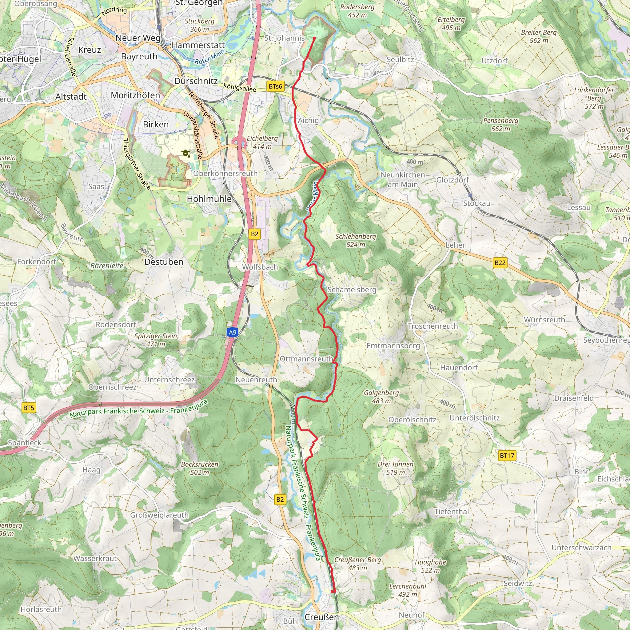 Römerleithen to Creußen via Rotmainsteig mobile static map