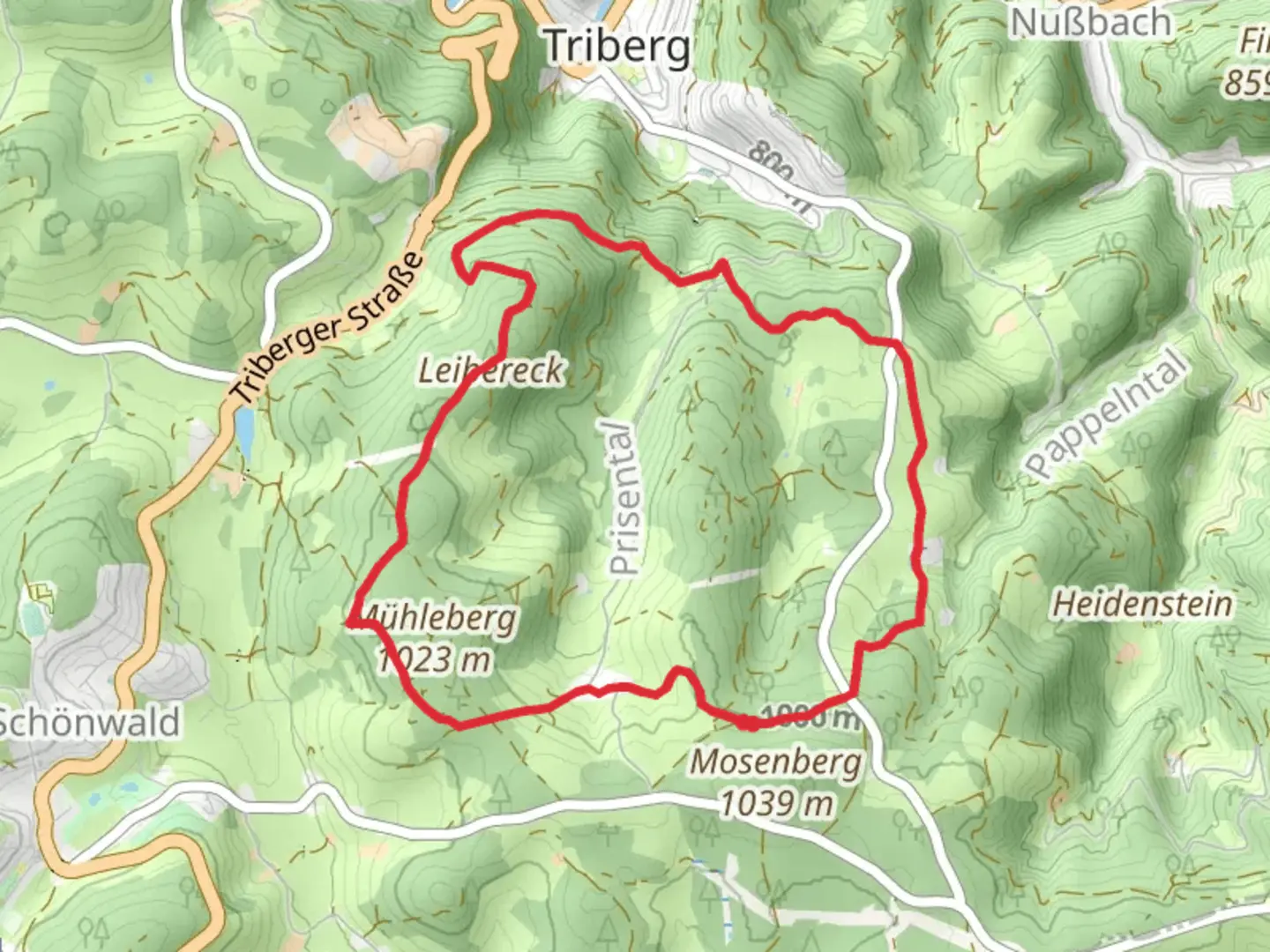 An image depicting the trail Mosenbach - Geutsche and Bobbahn - Ueberm Gotterhaeusle and its surrounding area.