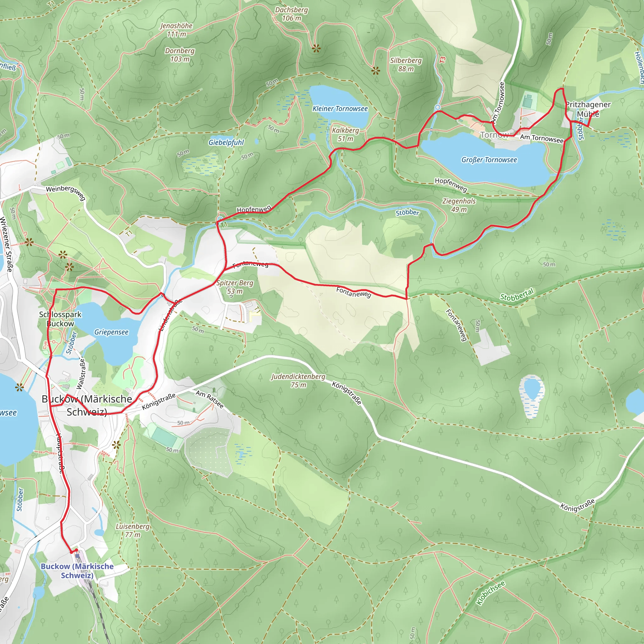 Griepensee and Großer Tornowsee via Gruener Balken mobile static map
