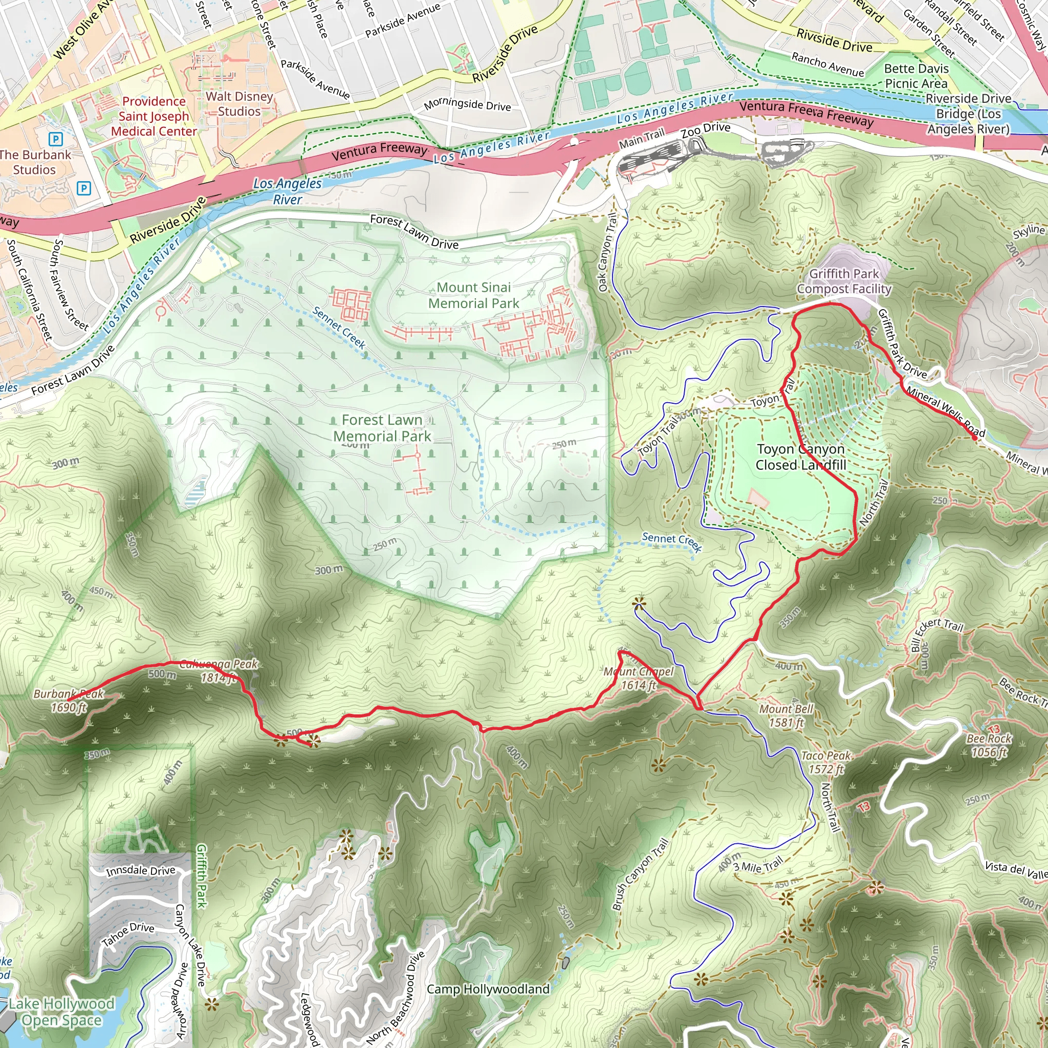 Mount Lee, Cahuenga Peak and Burbank Peak via North Trail mobile static map
