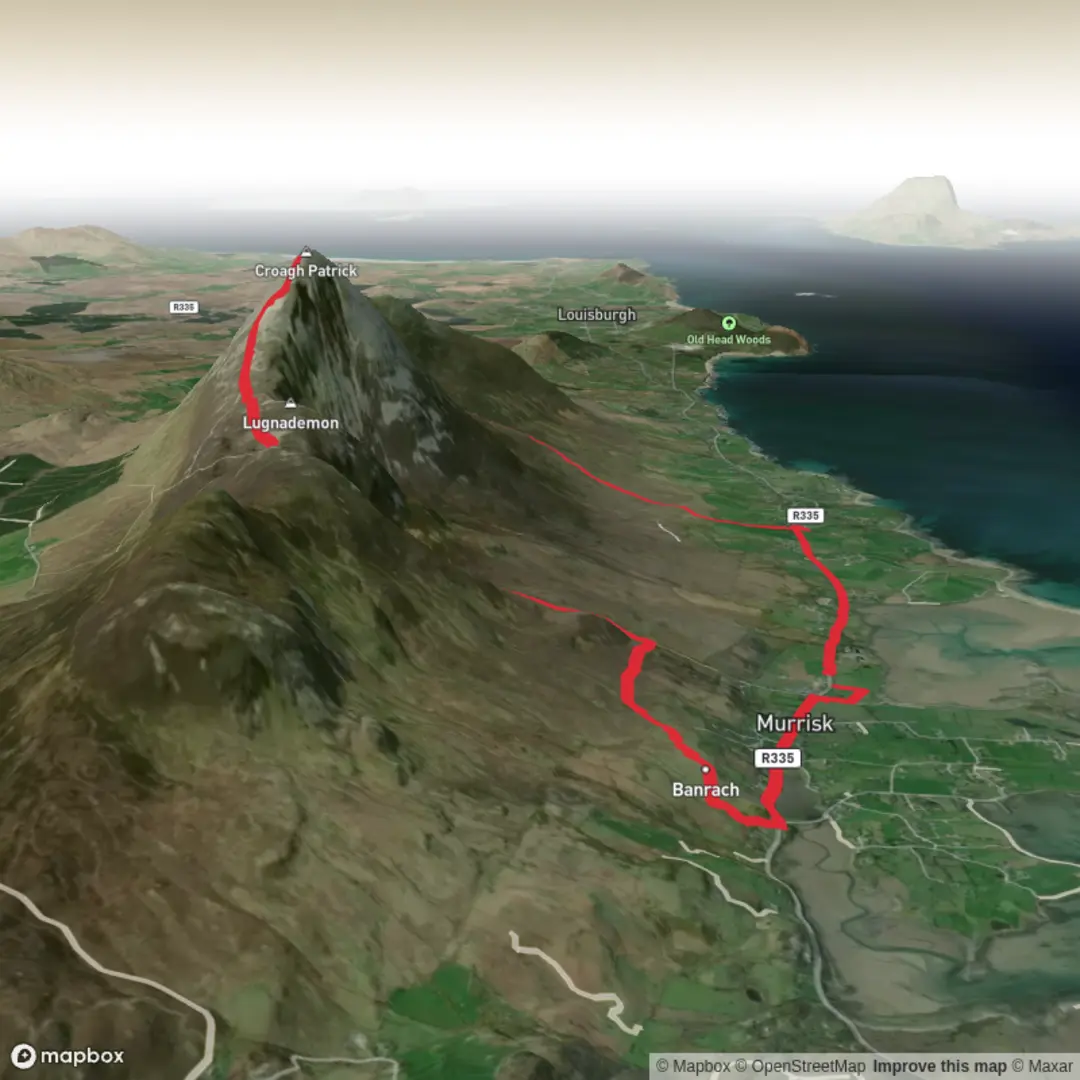 An image depicting the trail Murrisk Mount, Croagh Patrick Summit with Lecanvey decent and its surrounding area.