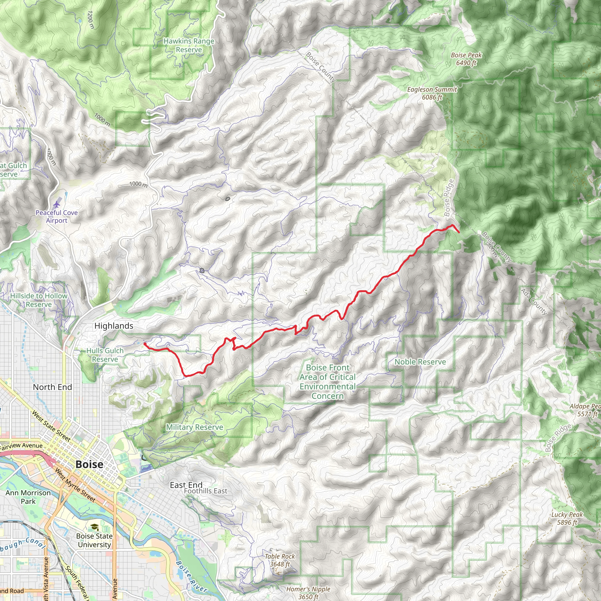 Hulls Gulch Reserve - Kestrel trail to Boise Ridge Road mobile static map