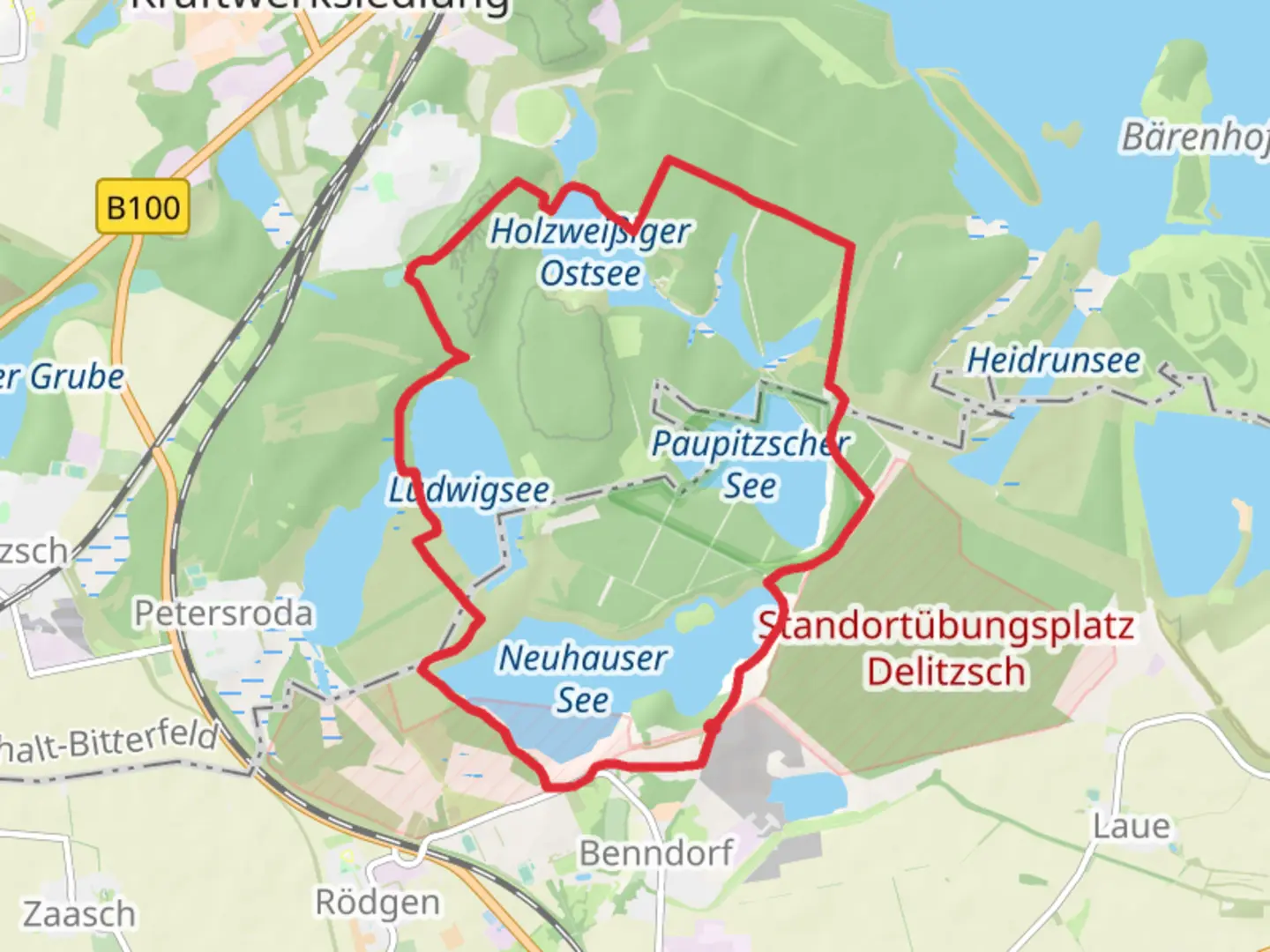 An image depicting the trail NSG Paupitzscher See Loop - Bitterfeldwolfen and its surrounding area.