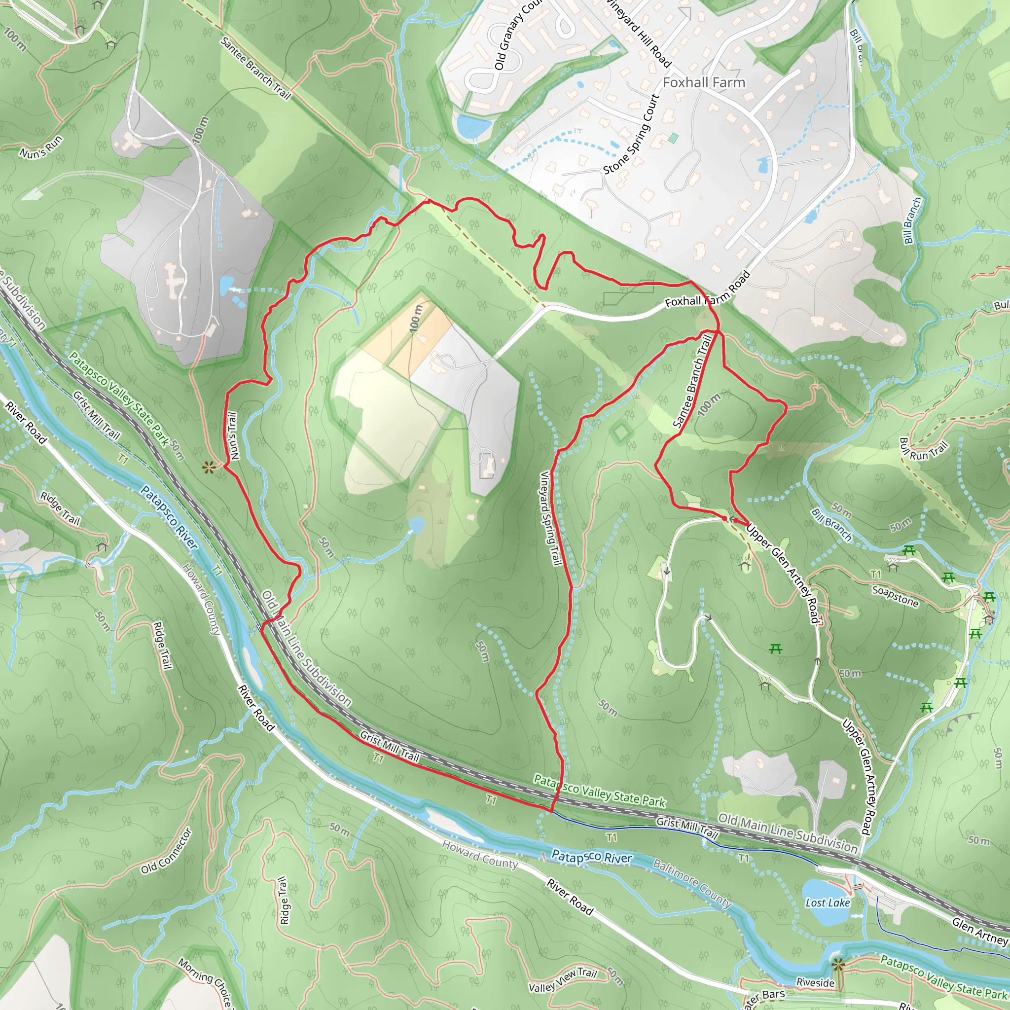 Vineyard Spring Trail, Nun's Trail and Santee Branch Trail Loop mobile static map