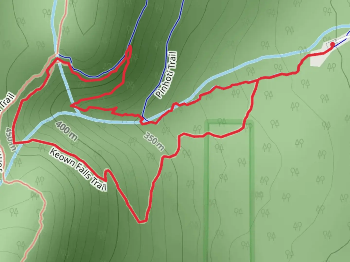An image depicting the trail Keown Falls Loop Trail and its surrounding area.