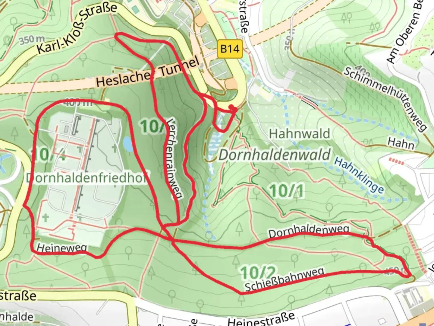 An image depicting the trail Degerlocher Waldsee, Dornhaldenklinge and Dornhaldenweg Loop via Stuttgarter Rundwanderweg and its surrounding area.