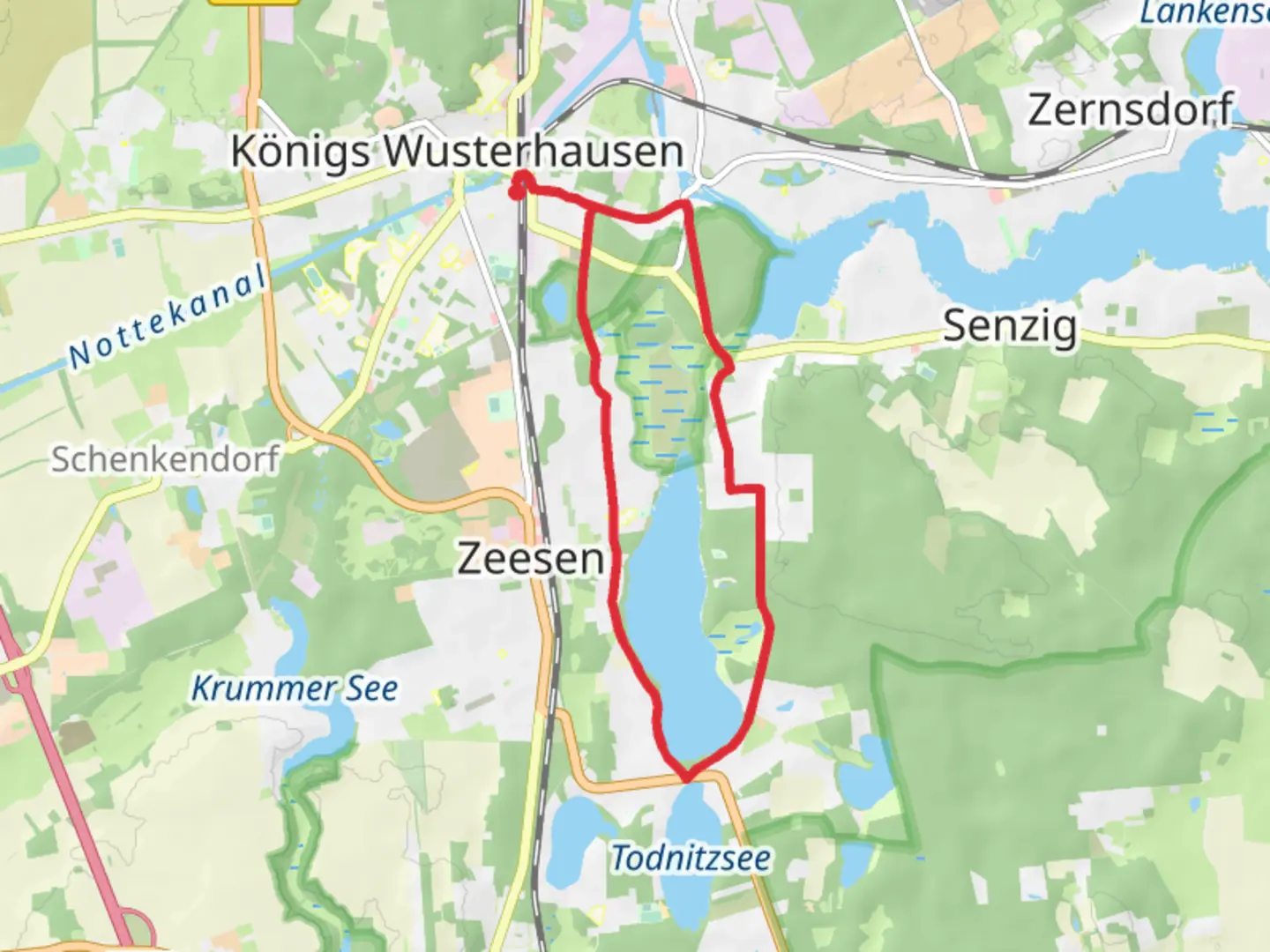 An image depicting the trail Zeesener See via Seestrasse and its surrounding area.