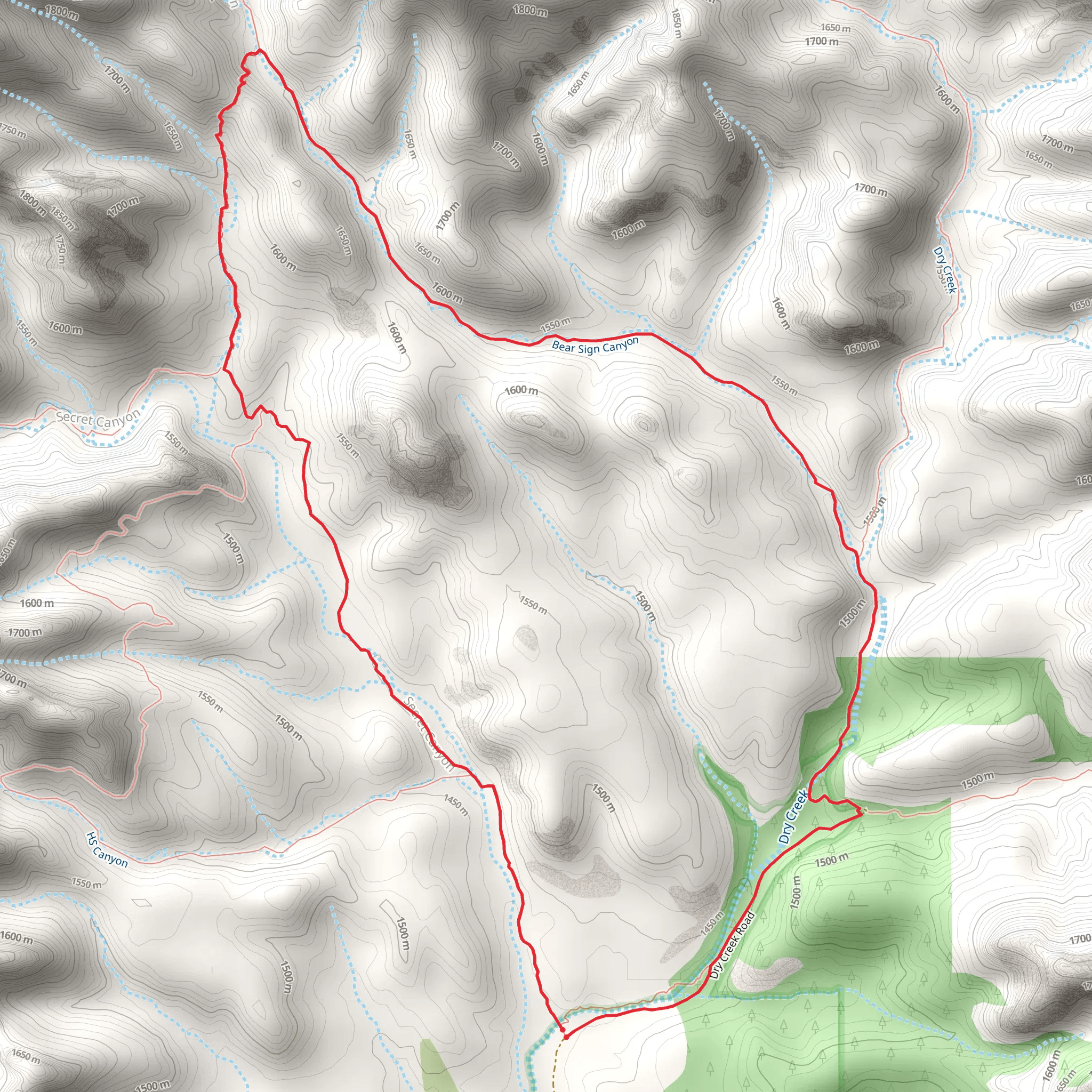 Dry Creek, Secret Canyon Trail and Bear Sign Trail mobile static map