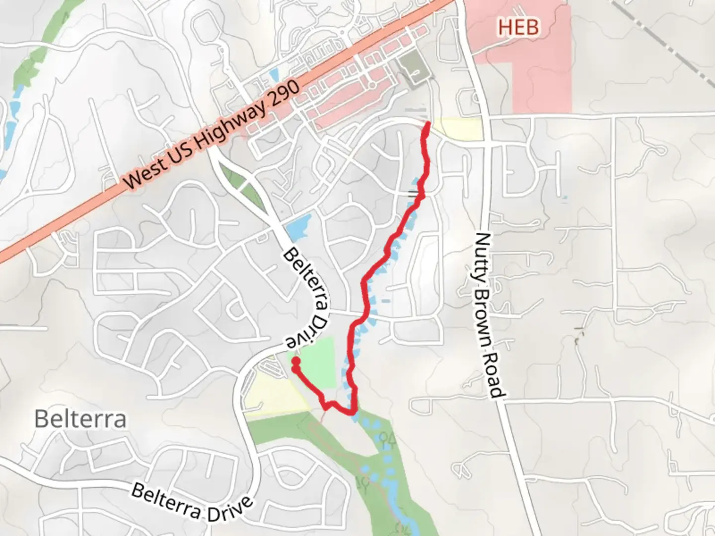 An image depicting the trail Whitetail Run Out and Back and its surrounding area.