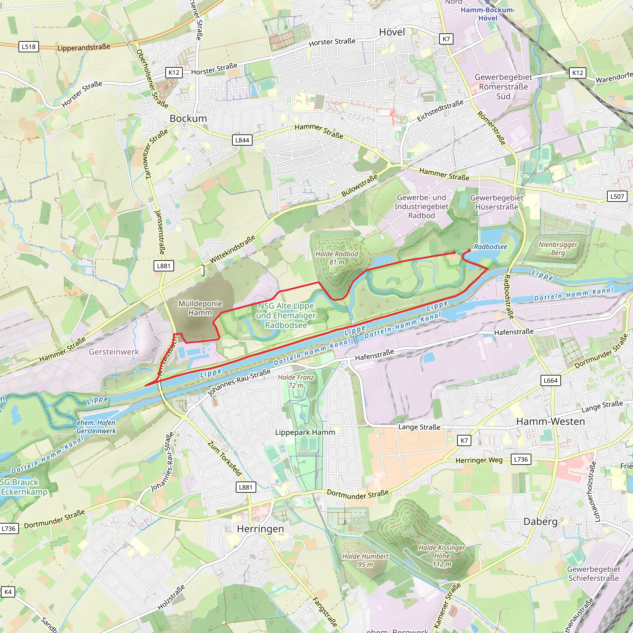 Radbodsee and Lippe via Bockum-Hoevel Rundweg A7 mobile static map