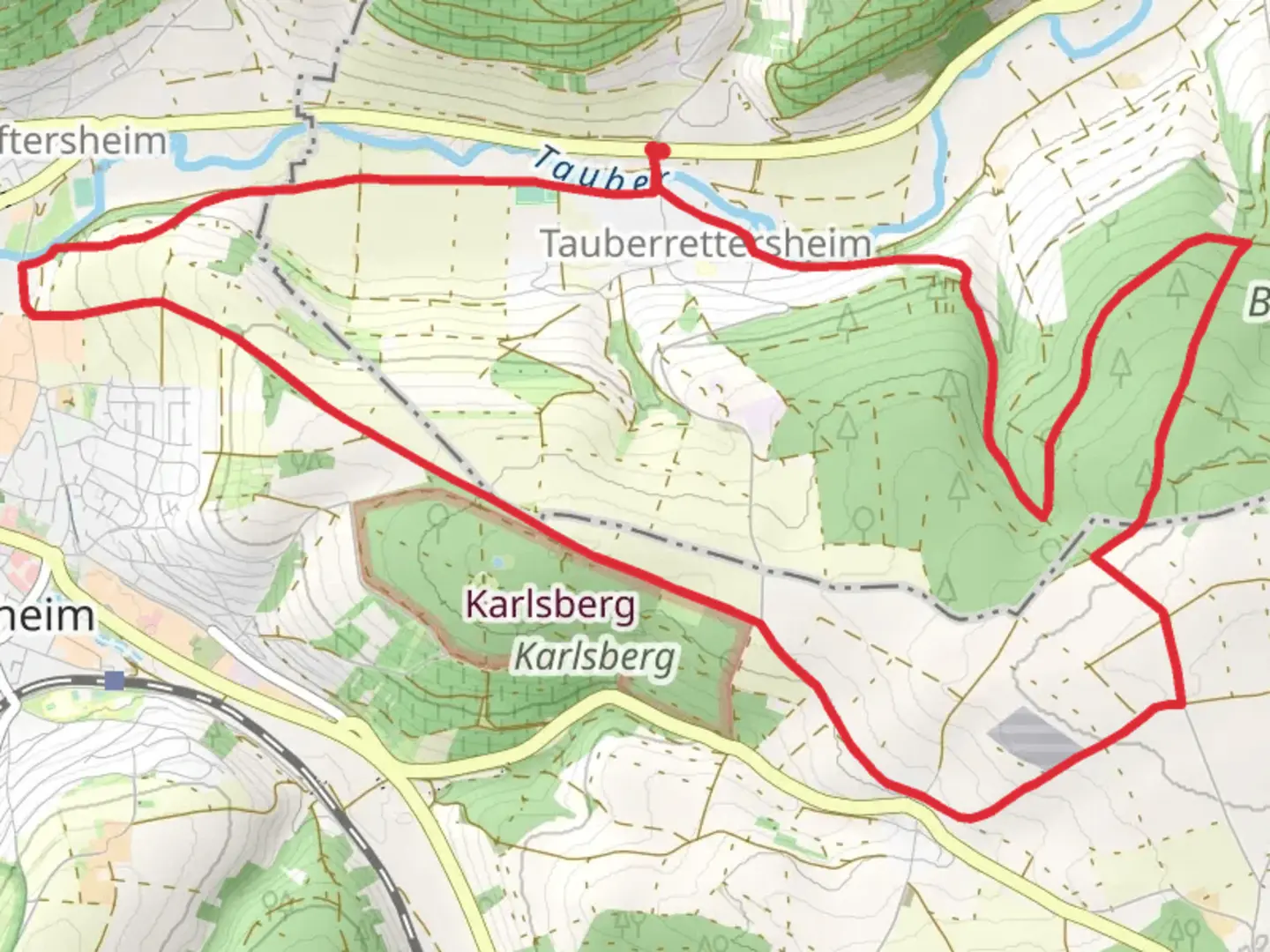 An image depicting the trail Tauber via Planetenweg Weikersheim and its surrounding area.