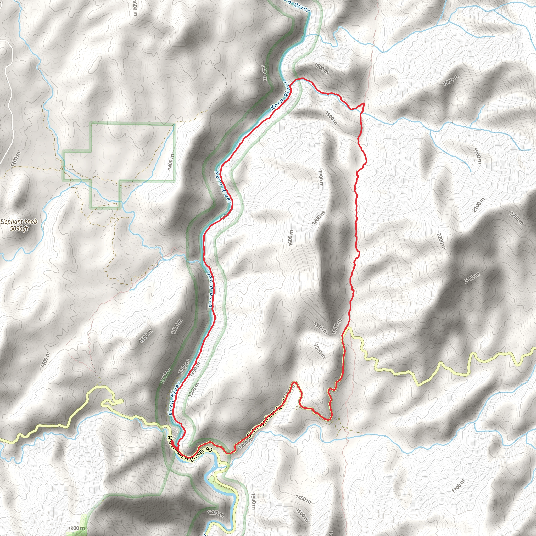 Kern River Upper, Rincon and Sherman Pass Road Loop Trail mobile static map