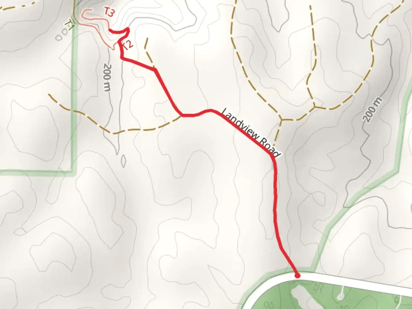 An image depicting the trail Falling Rock from Landview Road and its surrounding area.