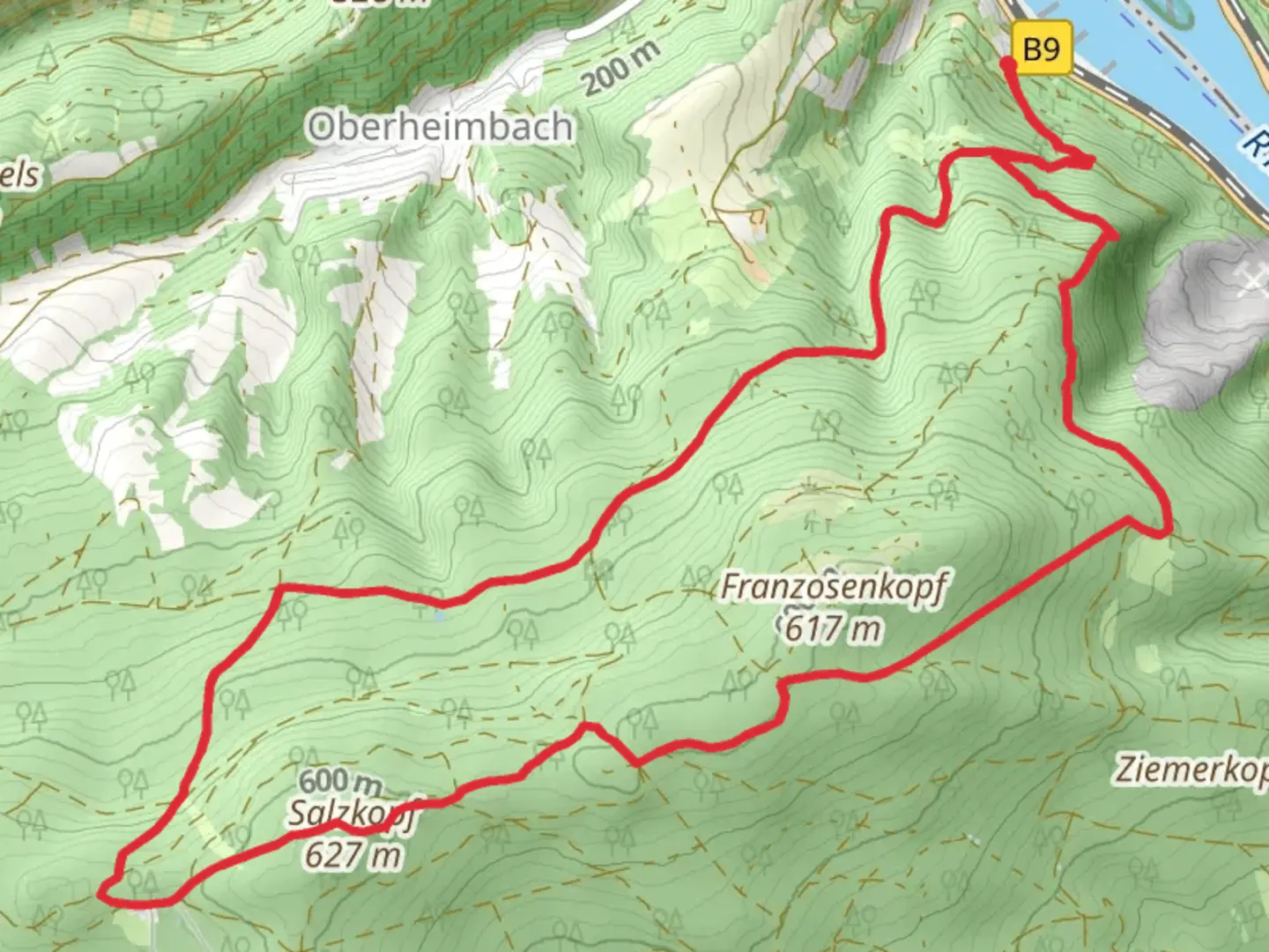 An image depicting the trail Salzkopf via Oberheimbach Panoramaweg and Soonwaldsteig and its surrounding area.