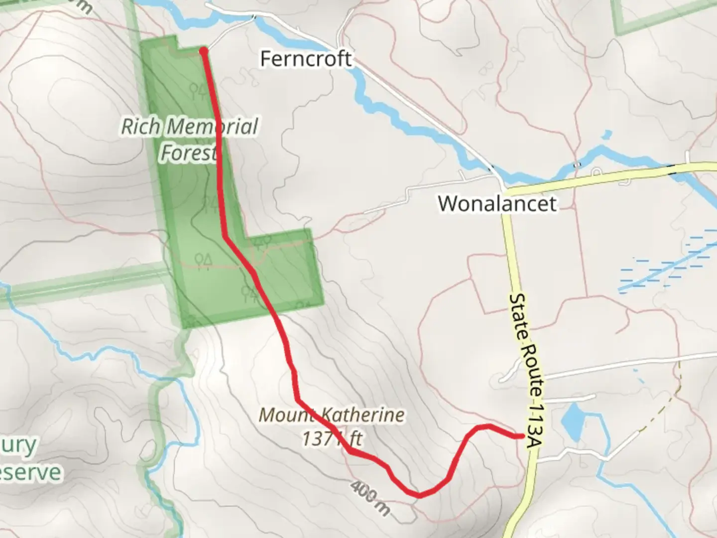 An image depicting the trail Mount Katherine from Squirrel Bridge Road and its surrounding area.