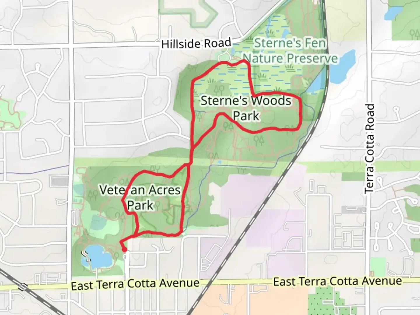 An image depicting the trail Veteran Acres Park and Sternes Woods Park Loop and its surrounding area.