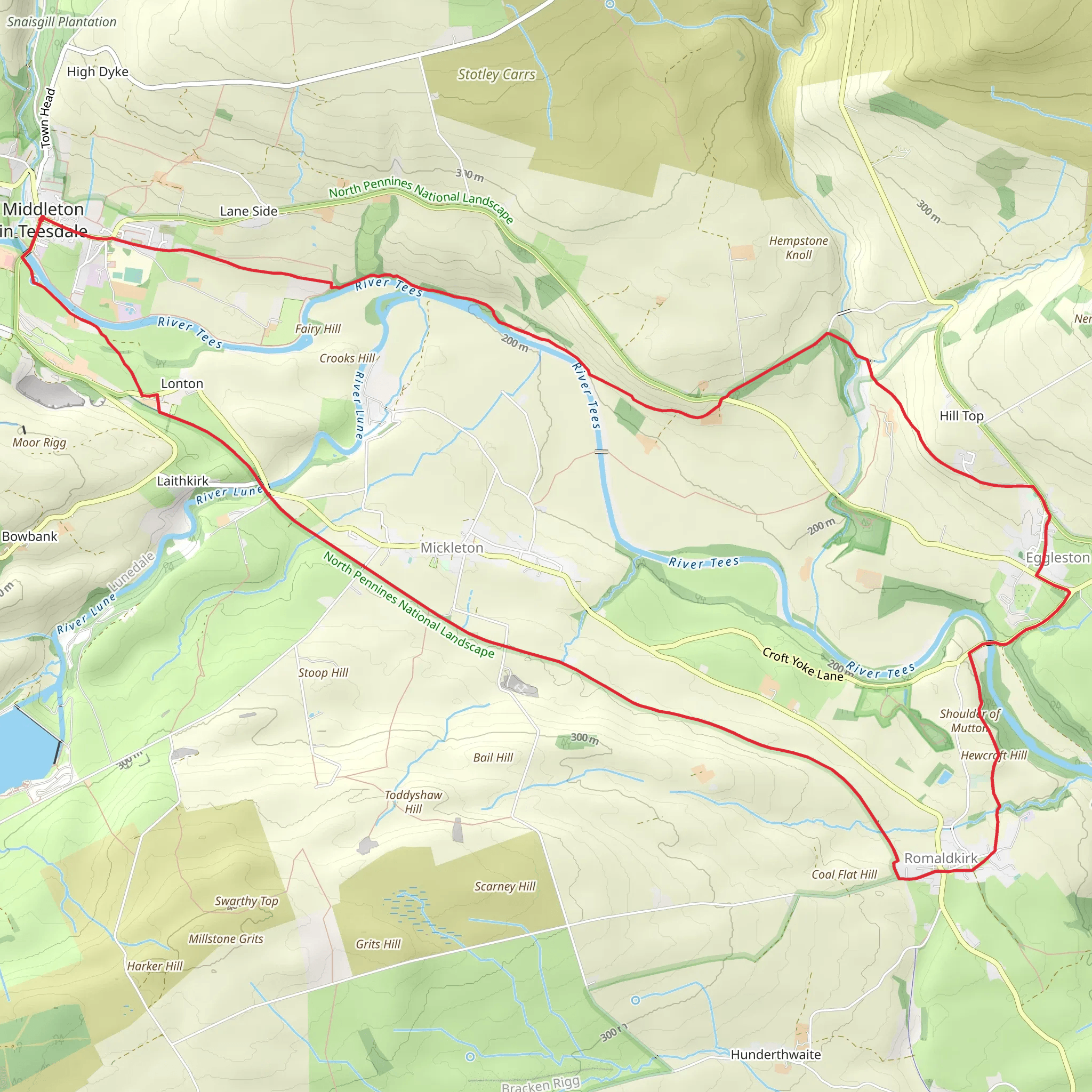 Eggleston to Romaldkirk from Middleton-in-Teesdale mobile static map