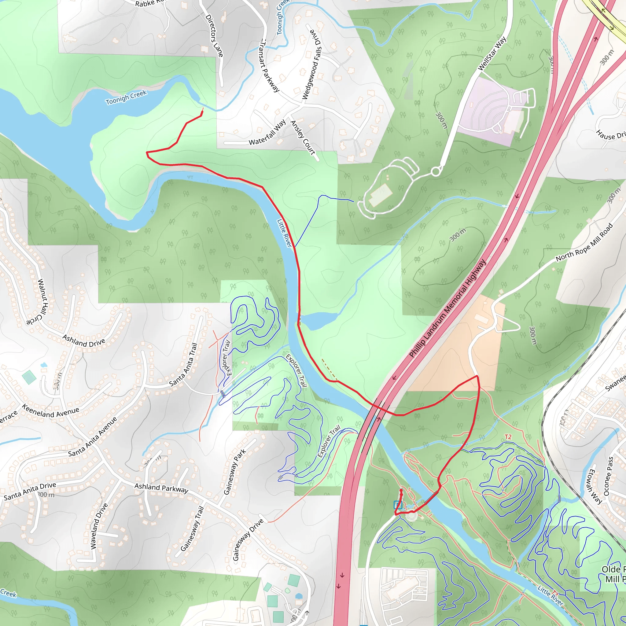 Walk along Little River from Olde Rope Mill Park mobile static map