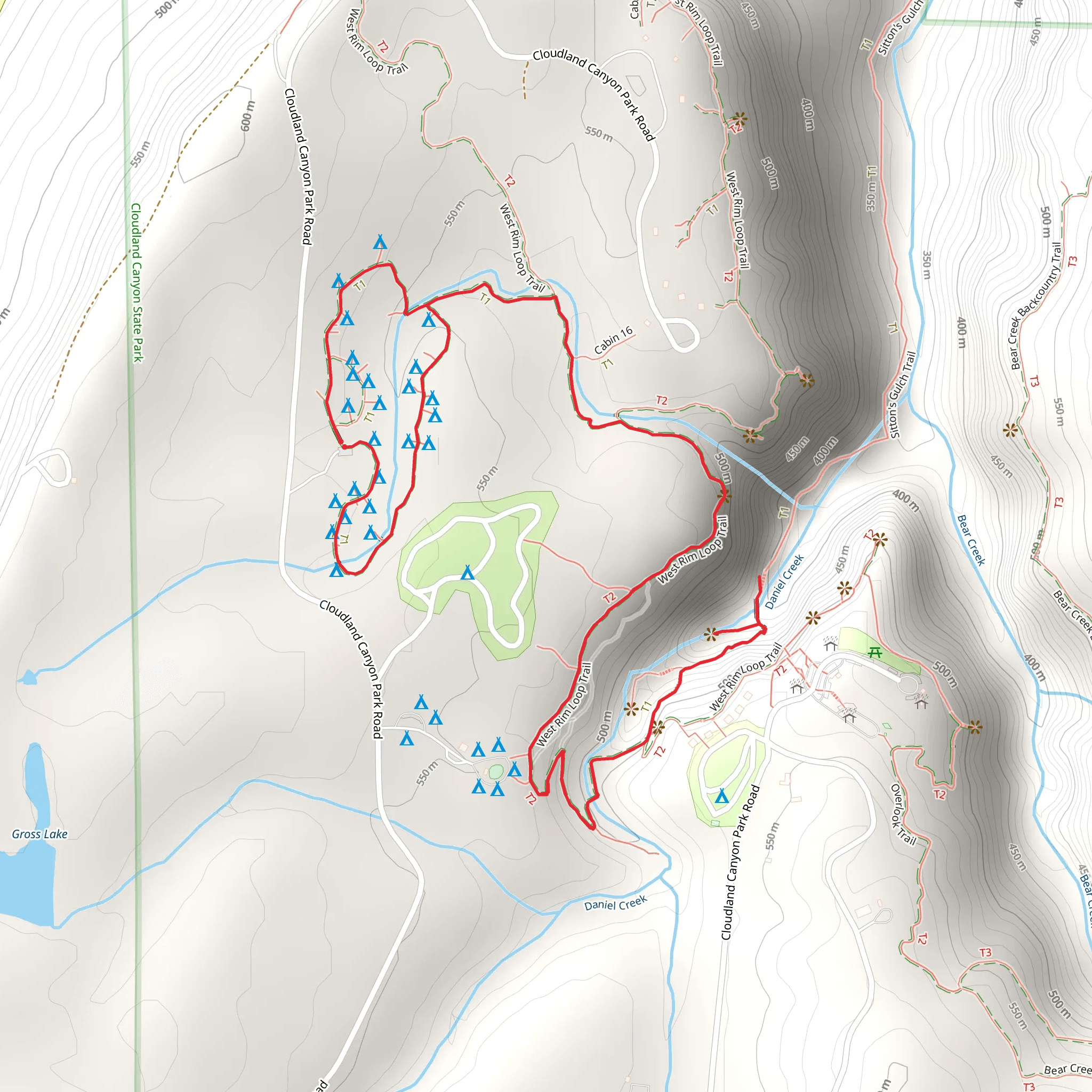 Hemlock Falls, West Rim and Walk-in Campsite Loop Trail mobile static map