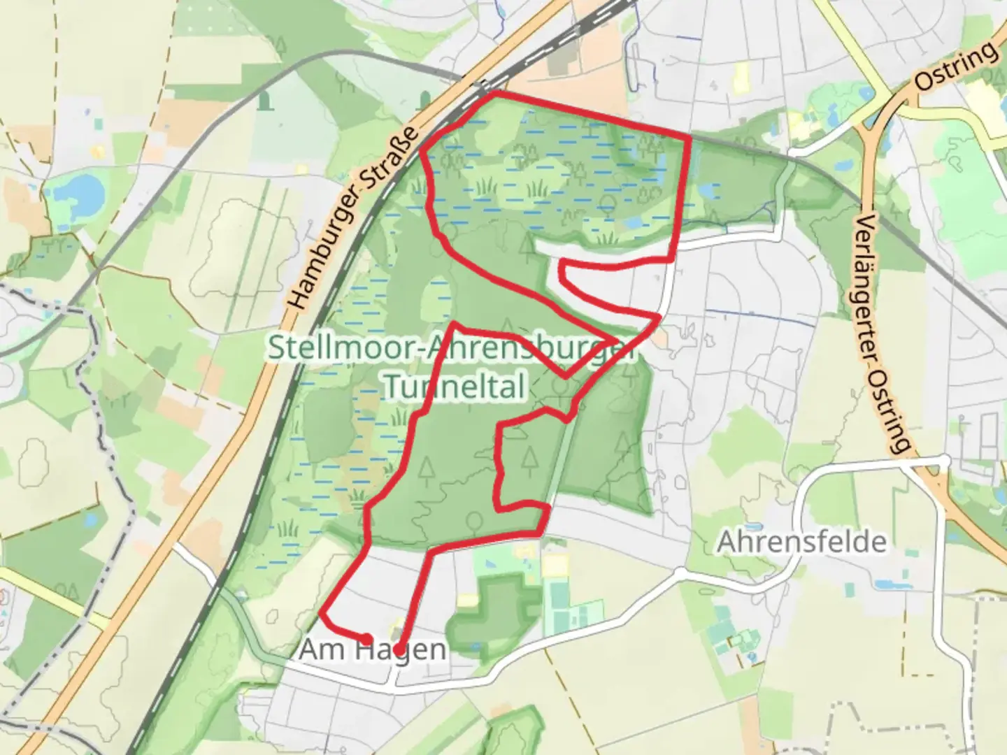 An image depicting the trail Kuhlenmoorweg and Alfred Rust Wanderweg and its surrounding area.