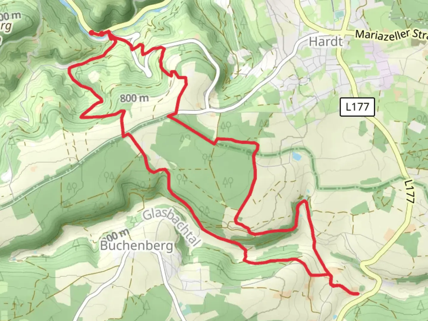 An image depicting the trail Mulpenbuehl and Ostweg Loop and its surrounding area.