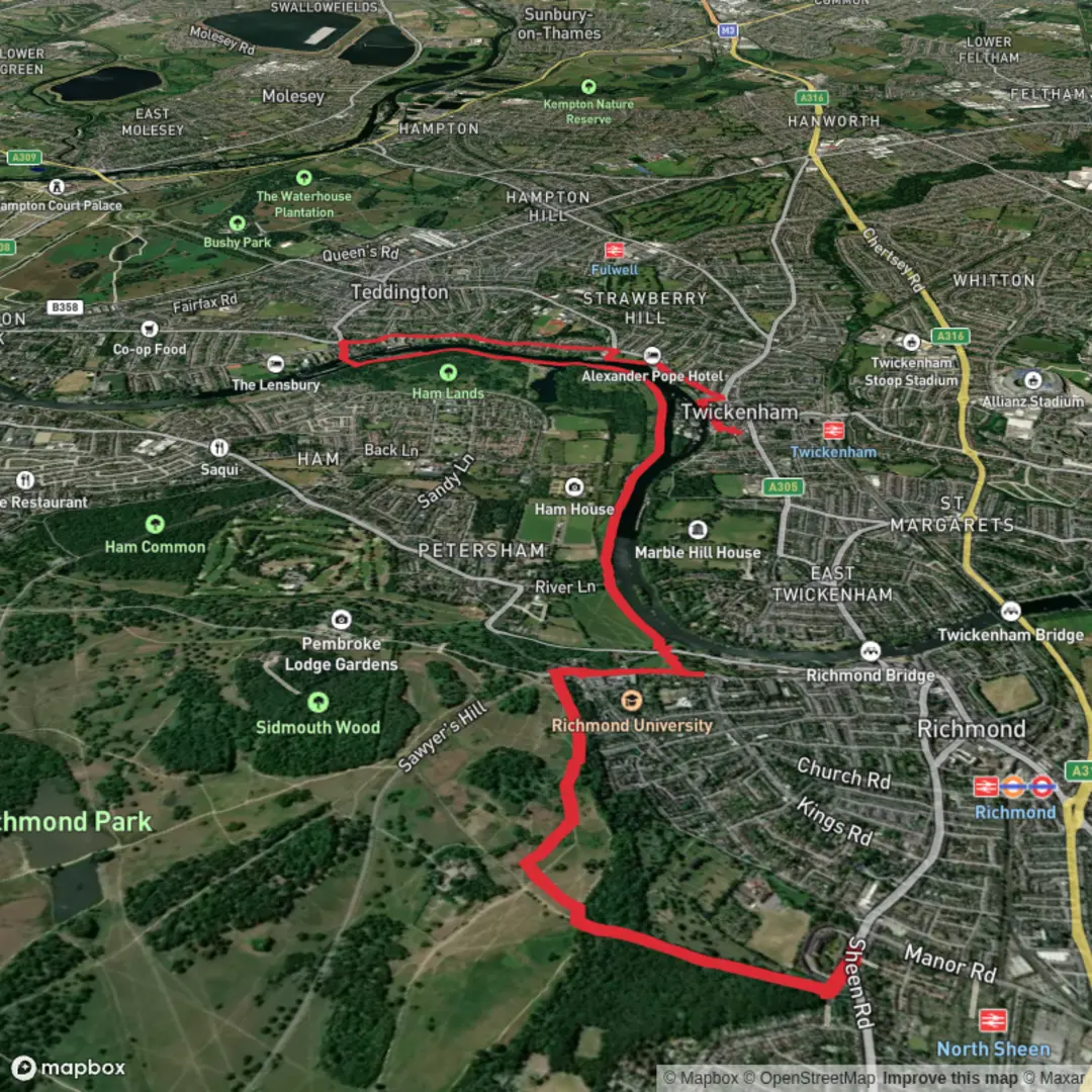 An image depicting the trail Richmond Park to Twickenham via Teddington Lock and its surrounding area.