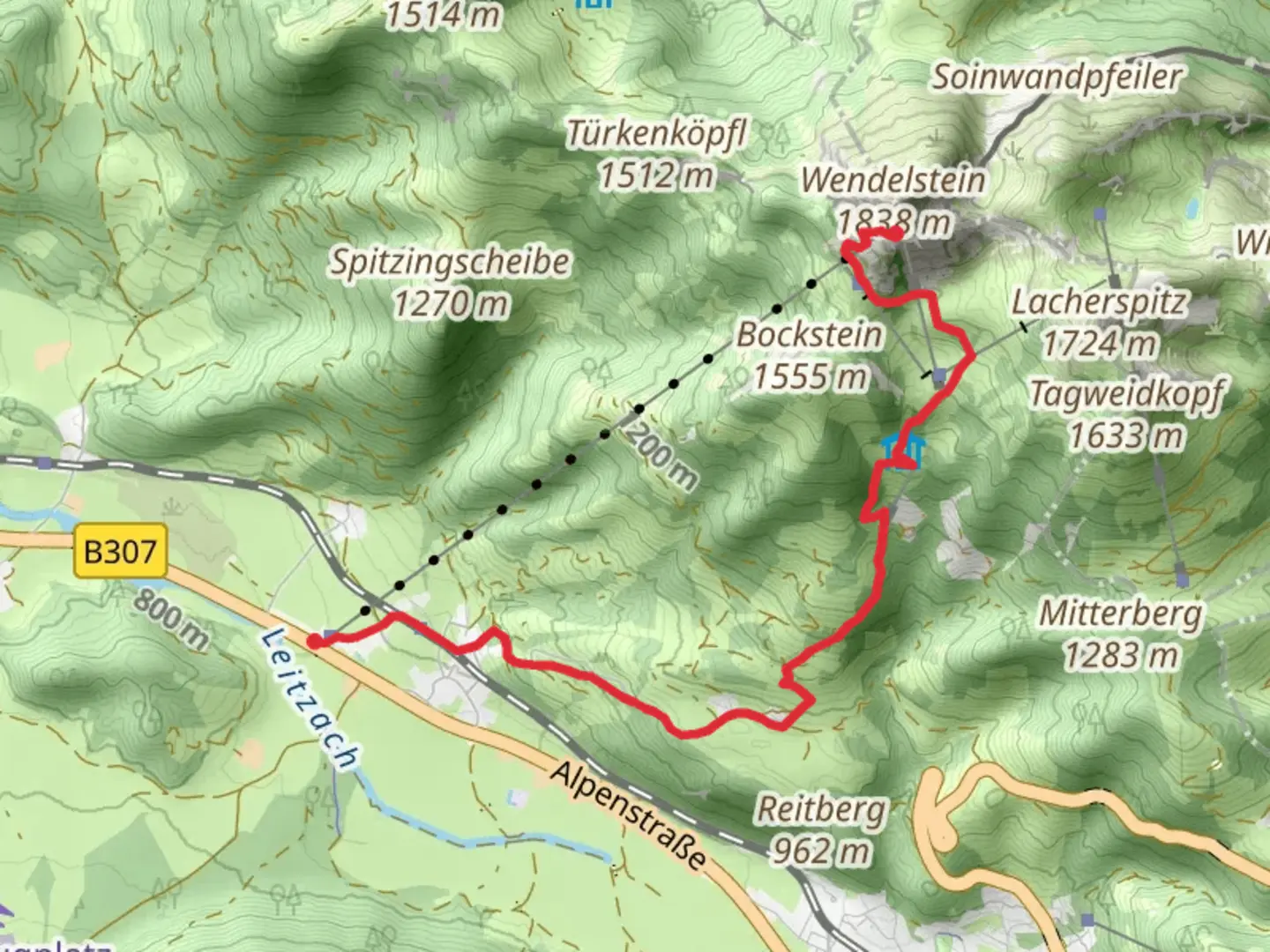An image depicting the trail Klarermuehl to Wendelsteinhaus via HAAS Trail and Wendelsteinalmen and its surrounding area.