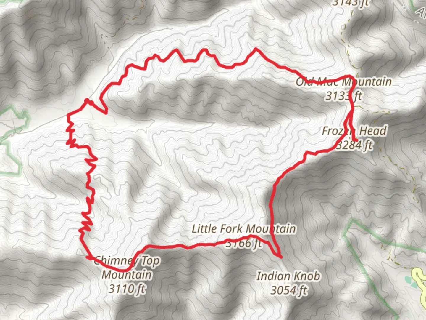 An image depicting the trail Frozen Hean and Little Fork Mountain Loop via Chimney Top Trail and its surrounding area.